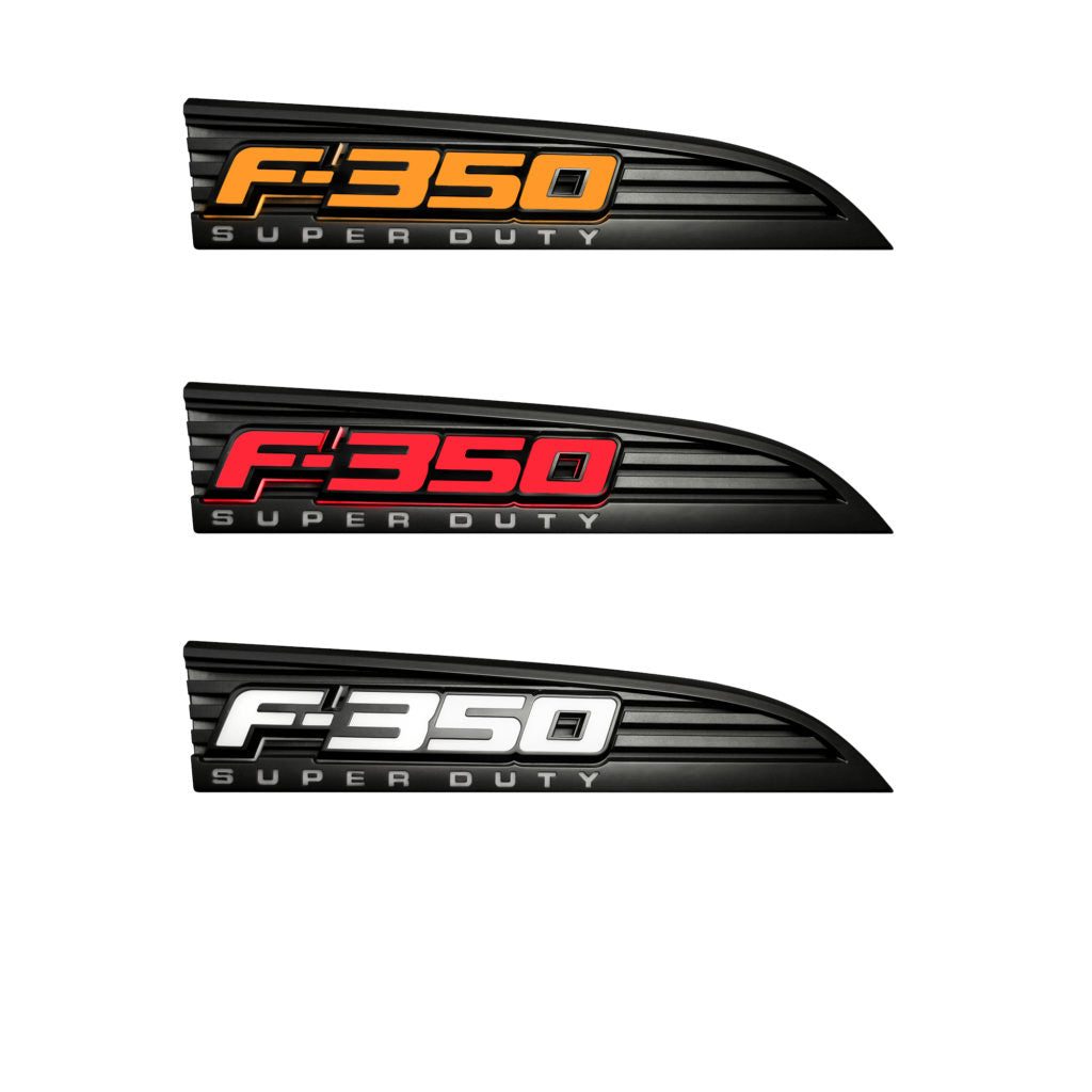 2011-2016 Ford F350 Illuminated Emblems Driver/Passenger Fender Emblems in Black Chrome - Illuminates AMBER, RED, & WHITE