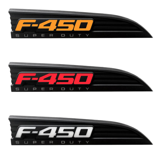 2011-2016 Ford F450 Illuminated Emblems 2-Piece Kit Driver/Passenger Fender Emblems in Black Chrome - Illuminates AMBER, RED, & WHITE