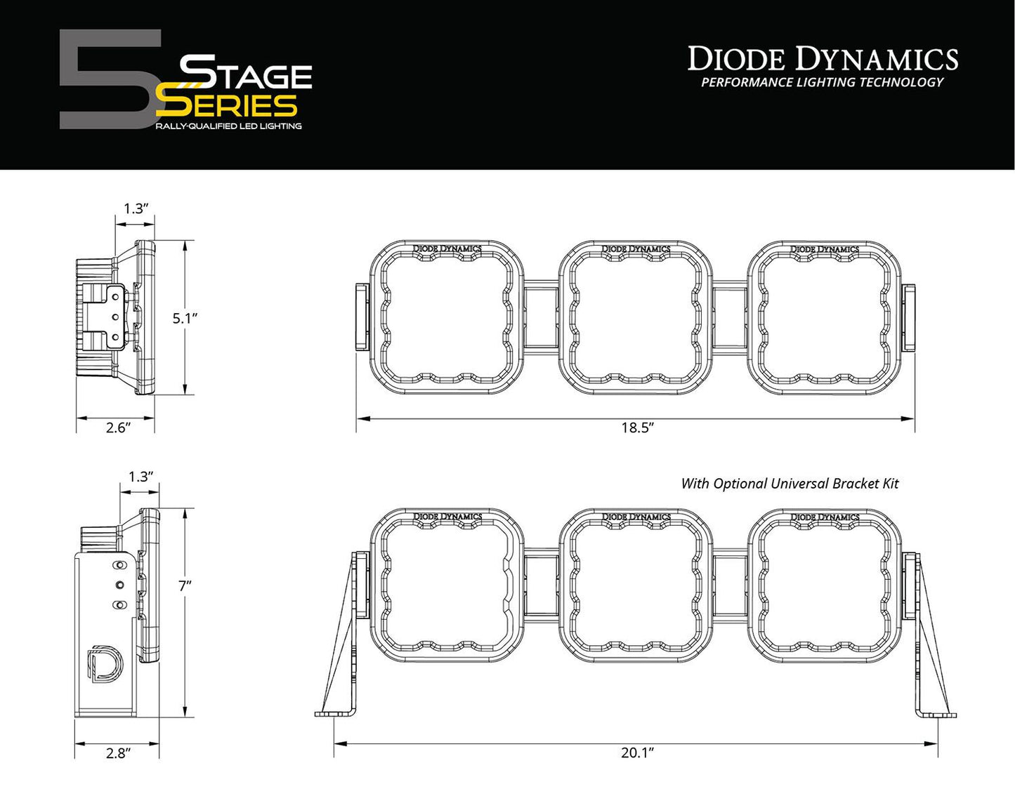 Diode Dynamics SS5 CrossLink 3-Pod 18.5" LED Light Bar (Yellow)